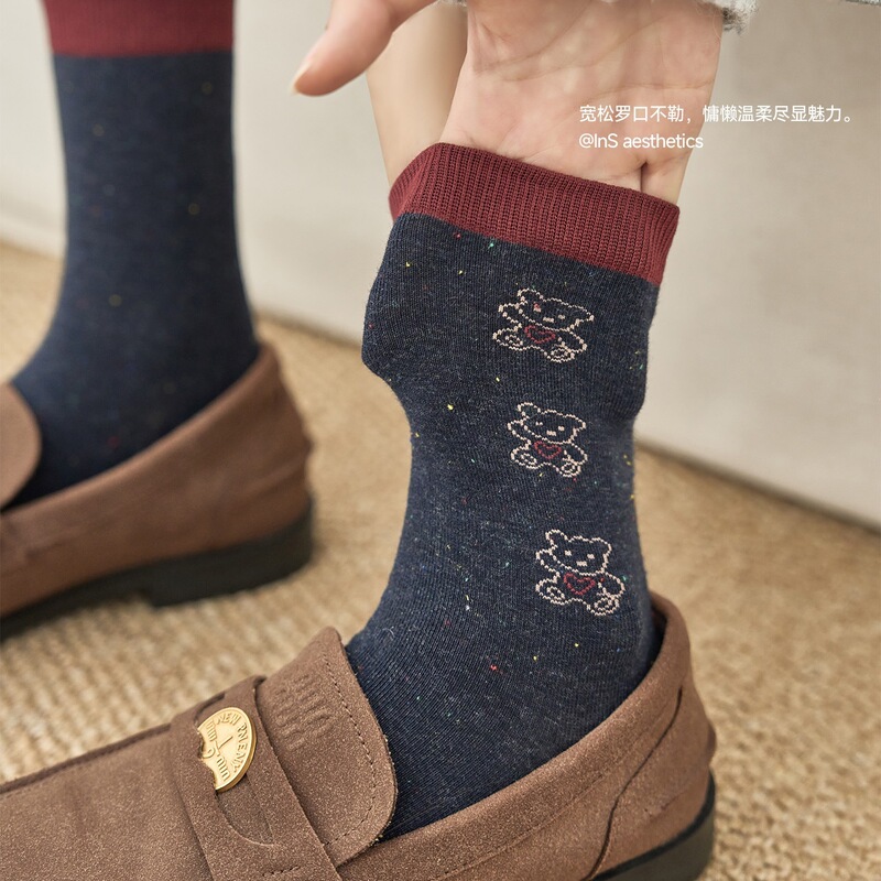 26 New Autumn/Winter Korean Style Lazy Cartoon Puppy Mid-Calf Women's Socks Retro Casual Cotton Socks Khaki No Size