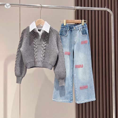 Children's Fall/Winter Set 2025 New Trendy Kids' Korean Style Casual Knit Sweater Fashion Embroidered Denim Jeans