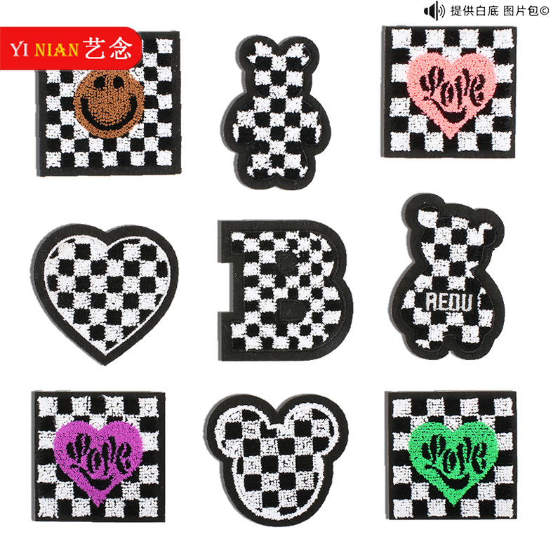 艺念方格刺绣布贴牙刷绣补丁贴电脑绣花章仔熨烫小熊格子刺绣标