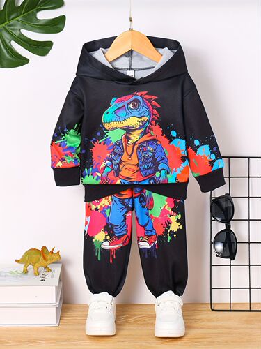 INS Infant, baby boy, spring and autumn style, fleece hooded cartoon dinosaur print, long-sleeved top, trousers, trendy