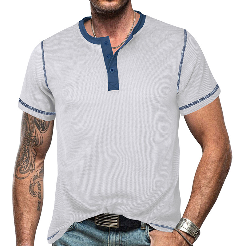 Herren 2023 Sommer Kurzarm Henley Shirt Schönes lässiges Retro T-Shirt Waffel Farbblock Rundhalsshirt_voghion.com