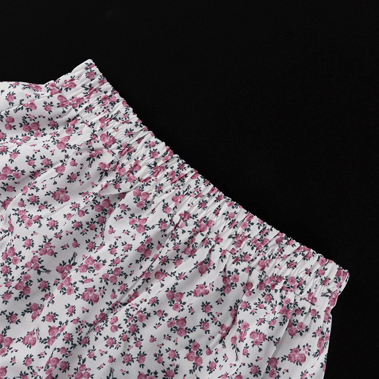 Floral Women Clothing Long Sleeve Collared Shirt Ruffled Shorts Two Piece Set