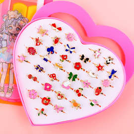 儿童戒指女童钻石宝石水晶合金玩具可调节公主卡通亚克力珍珠吊坠