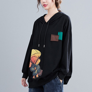 Real shot spring loose artistic long-sleeved hooded sweater new patch printed pattern versatile casual top