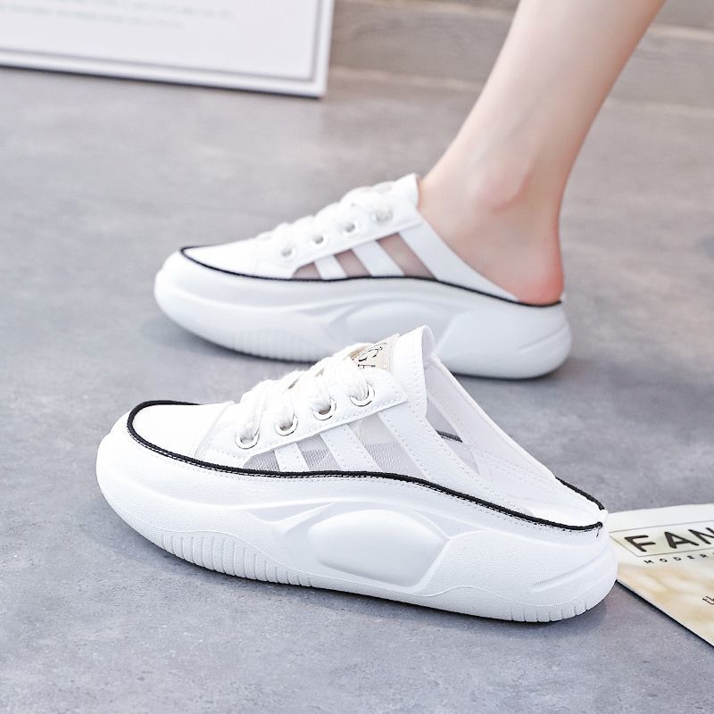 2024 nuevos zapatos de media cabeza de bolsillo ligeros con suela suave transpirable zapatos perezosos con suela gruesa de mujer zapatos blancos de mujer versátiles