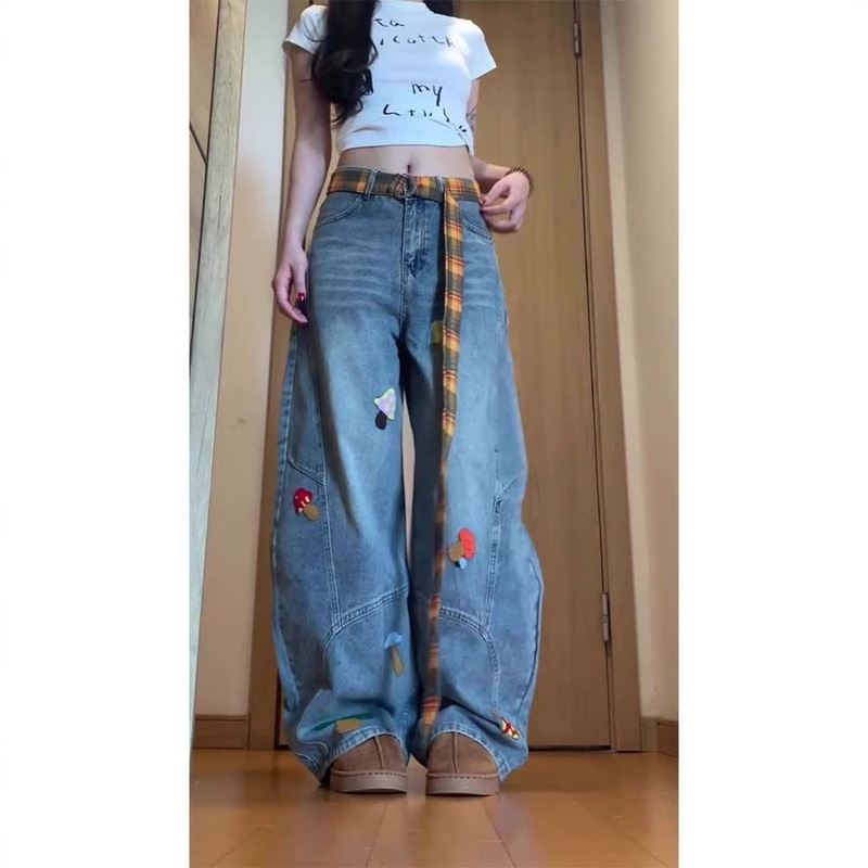 牛仔裤女秋季vibe风蘑菇图案毛巾绣阔腿裤设计感格纹腰带弯刀裤潮|undefined