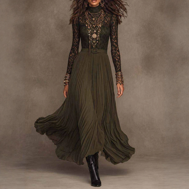 2026 European and American cross-border Amazon independent site foreign trade western resort style lace spliced pleated long dress 2026 European and American cross-border Amazon independent site foreign trade western resort style lace spliced pleated long dress