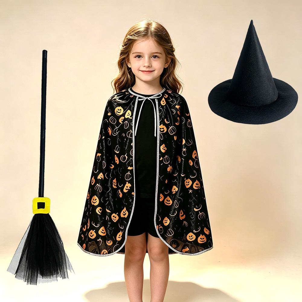 CA264006+round rim black witch hat+black gauze square button broom