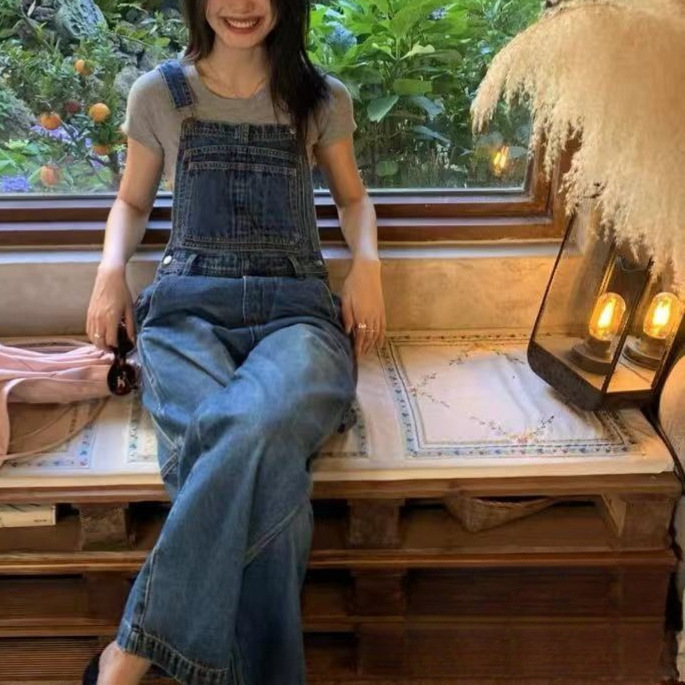 Blue Denim Overalls for Women 2026 Spring and Summer Loose Casual Age-Reducing Jumpsuit Wide-Leg Straight Pants