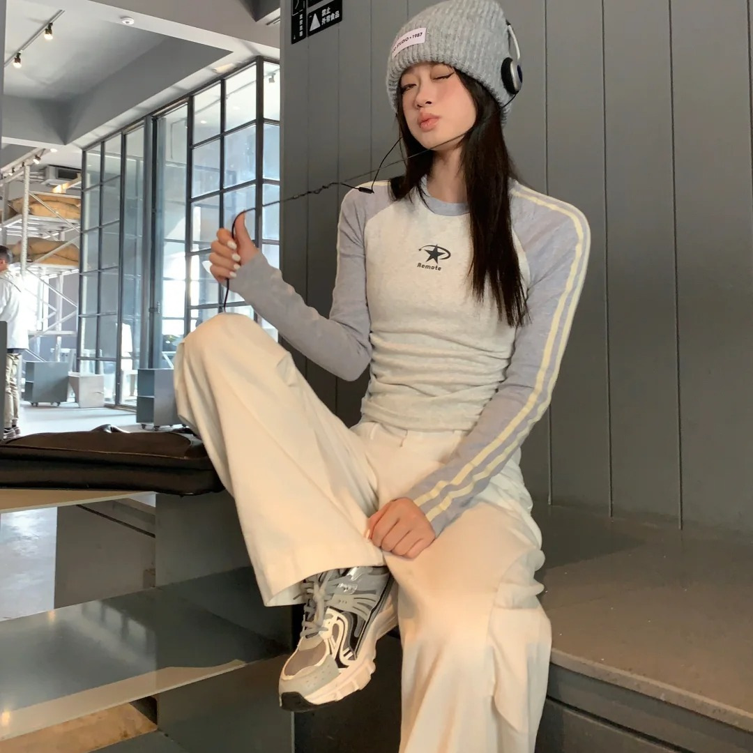 Cross-Border Wholesale [Ready Stock + Original Quality] Student Sports Style Raglan Contrasting Stripes Long-Sleeved T-Shirt Inner Wear