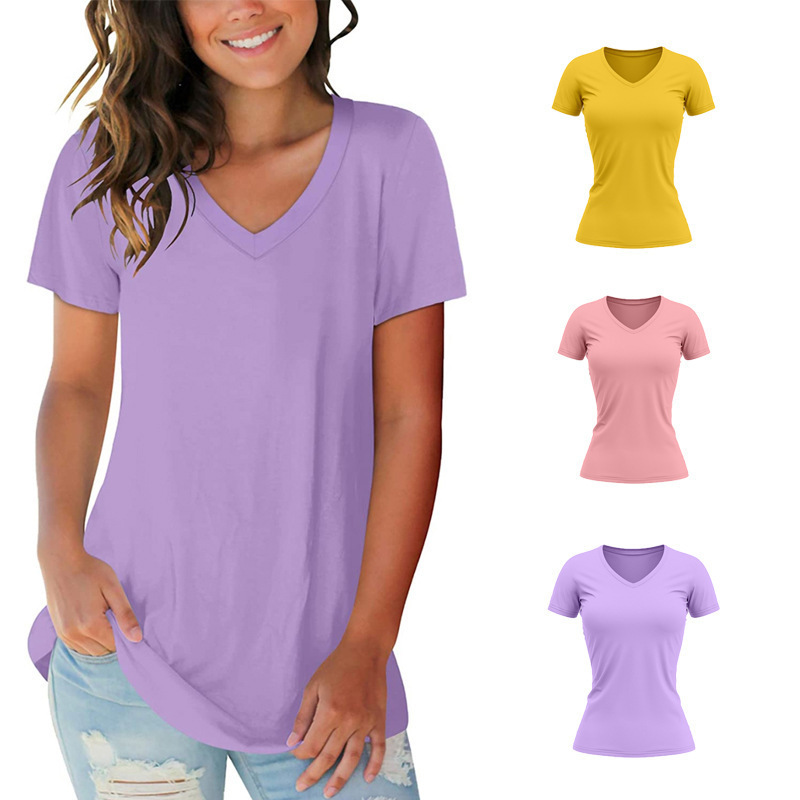 2023 summer new cross-border ladies V-neck solid color multi-color summer large size short sleeve top can be a generation of hair