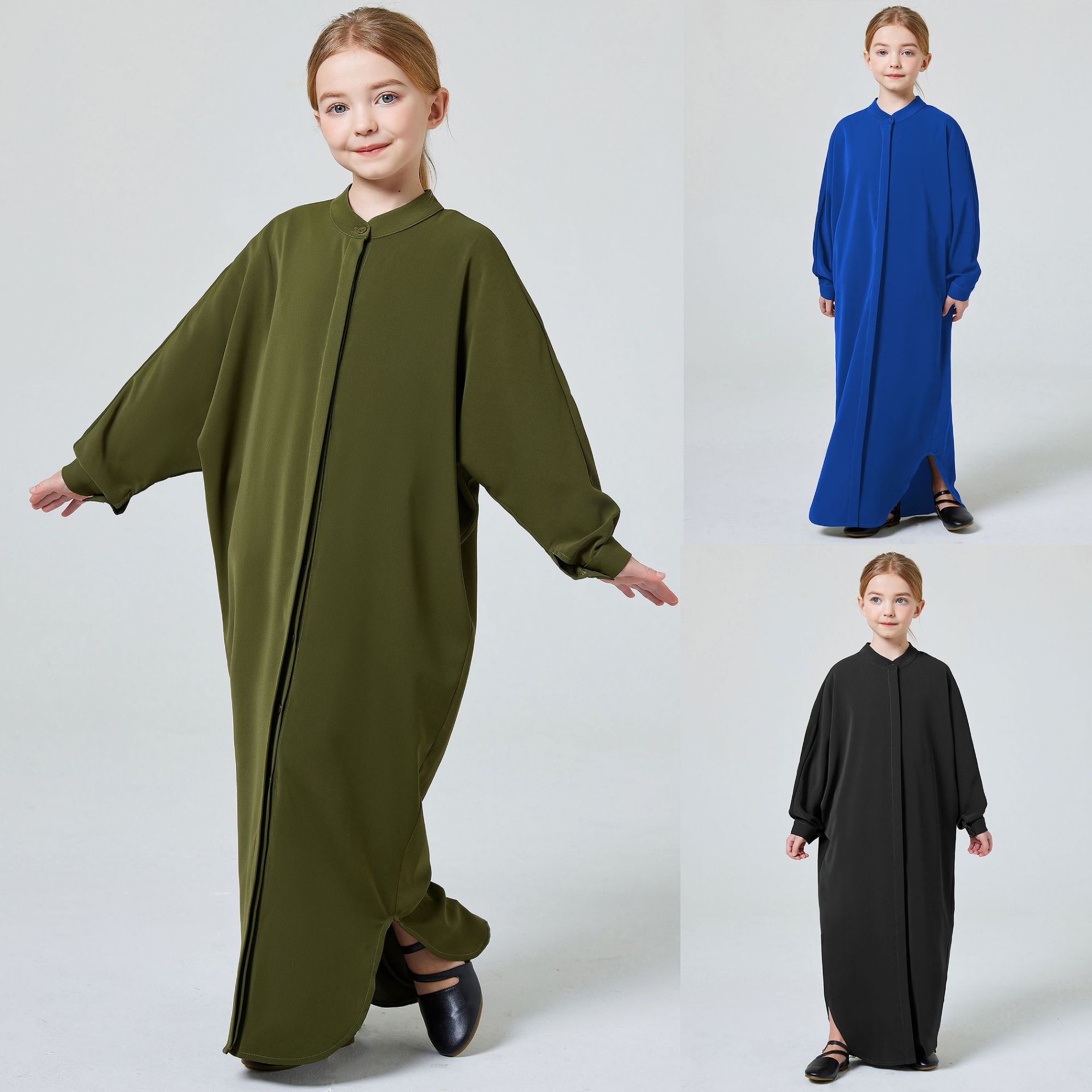 Middle East Dubai Turkishkebaya Girls abaya Pure Color Small Stand Collar Button Robe MSL194