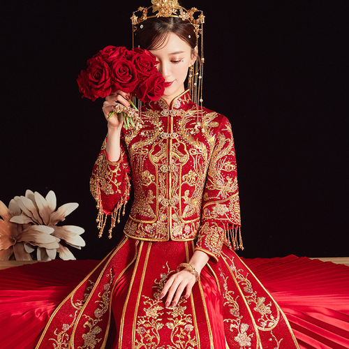 Bridal  Chinese style wedding XiuHe dresses for women photos shooting  XiuHe Bride outfit female Chinese wind toast wedding evening party dresses