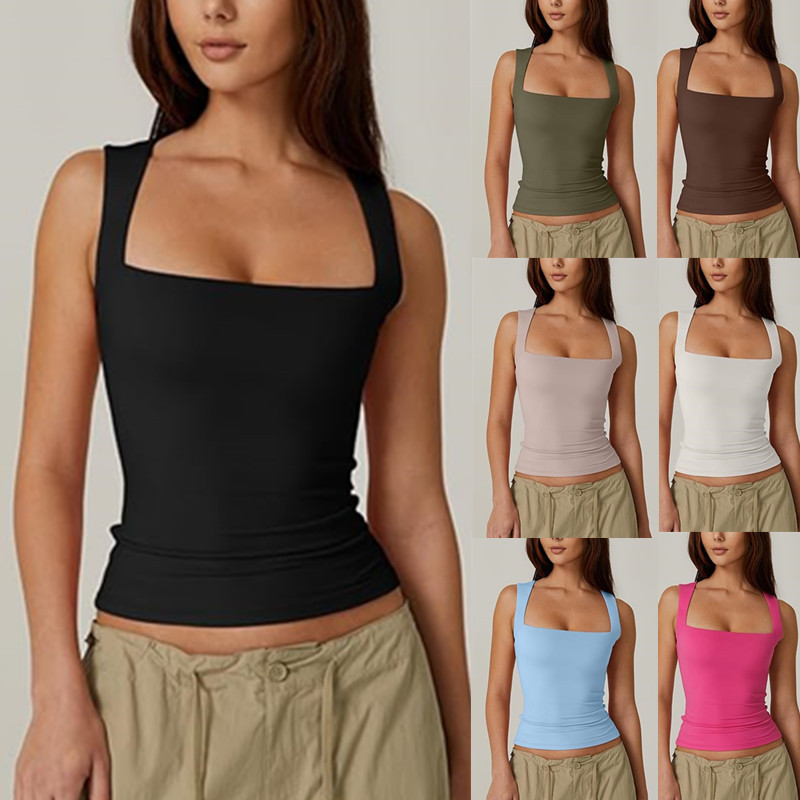 2025 New Amazon Summer New Women's Square Neck Sleeveless Double Layer Vest Basic Tight T-Shirt 2025 New Amazon Summer New Women's Square Neck Sleeveless Double Layer Vest Basic Tight T-Shirt
