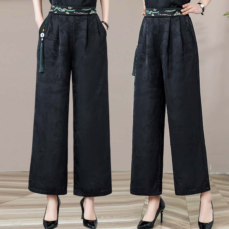 2024 весна-лето Новые широкие брюки в национальном стиле, брюки для мам, женские брюки среднего и пожилого возраста, свободные брюки больших размеров с драпировкой, женские