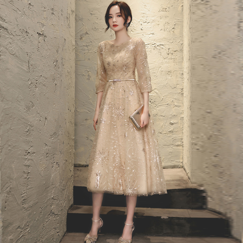 Cross-Border Evening Dress for Women, 2025 New Model, Champagne Color, Elegant Socialite Style, Fairy-Like, for Annual Party, Petite Size Cross-Border Evening Dress for Women, 2025 New Model, Champagne Color, Elegant Socialite Style, Fairy-Like, for Annual Party, Petite Size