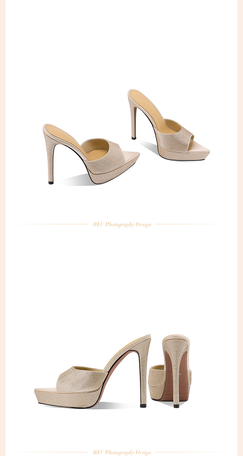 Sandal cao gót nữ hở mũi đính đá platform gót nhọn 9 cm — Champagne màu chi tiết 5