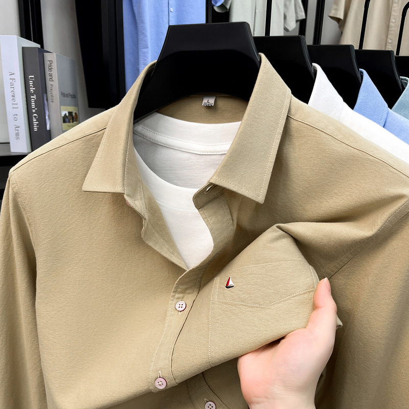 100% cotton men's long-sleeve shirt with pockets, spring and autumn shirt, solid color, business casual, suitable for daily commuting, men's clothing
