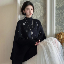 法式气质千金风毛呢外套秋冬新款立体雪花钉珠羊毛斗篷大衣 NX042