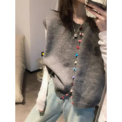 韩版气质小香风灰色坎肩无袖针织背心女早秋季马甲叠穿打底衫上衣