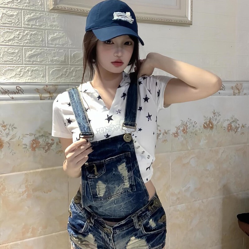 Detachable Multi-Wear Washable Distressed Ultra-Short Denim Overalls for Women, American Style, Vintage-Inspired A-Line Bodycon Jumpsuit