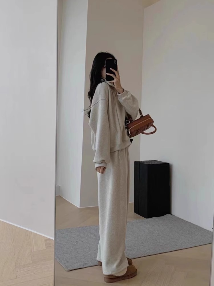 Tuta sportiva casual in cashmere ActiveGo Lazy Style per donna, felpa con collo alto e gamba larga, foderata in pile, calda per autunno e inverno_voghion.com