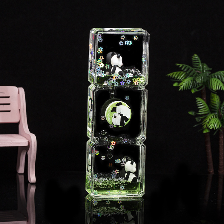 Acrílico transparente panda gota de aceite reloj de arena líquido botella de arena flotante regalo de cumpleaños para niños decoración de escritorio de oficina