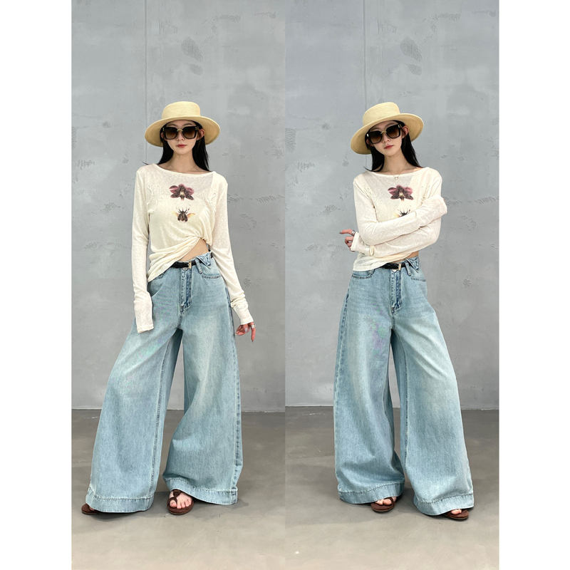 Nanyu Jeans That Accommodate All Leg Types, Soft Washed Soda Blue Wide-Leg Retro Versatile Jeans for Women in Spring