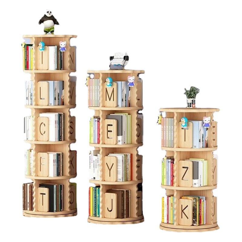 Madera maciza de 360 grados de rotación estantería piso simple hogar libro de imágenes para niños creativo dormitorio esquina estantería de almacenamiento
