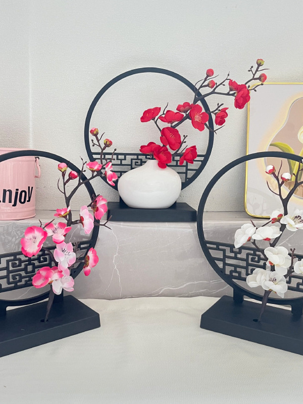 2025 New Chinese Style Screen Black Screen Wintersweet Home Decoration Plastic Vase Courtyard Entrance Potted Plant Decoration