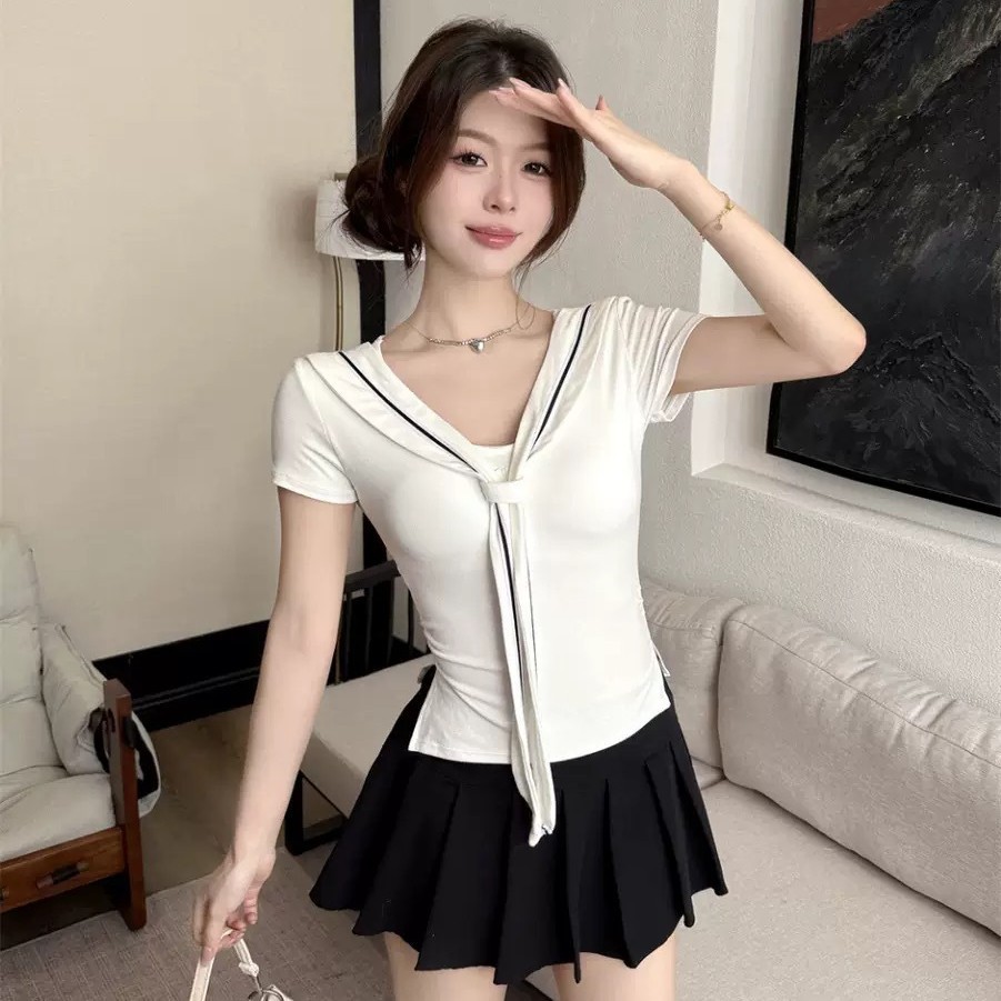 5167 ¿ nueva camiseta de manga corta con tirantes de hombro de viento dulce en verano mujeres delgadas y delgadas blusas con almohadilla para el pecho image 3