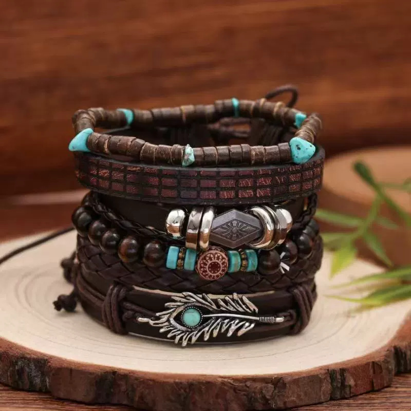 Nuevos productos transfronterizos Cuentas de madera europeas y americanas con cuentas de múltiples capas flor retro pluma de pavo real juego de pulsera tejido a mano en forma de corazón image 3
