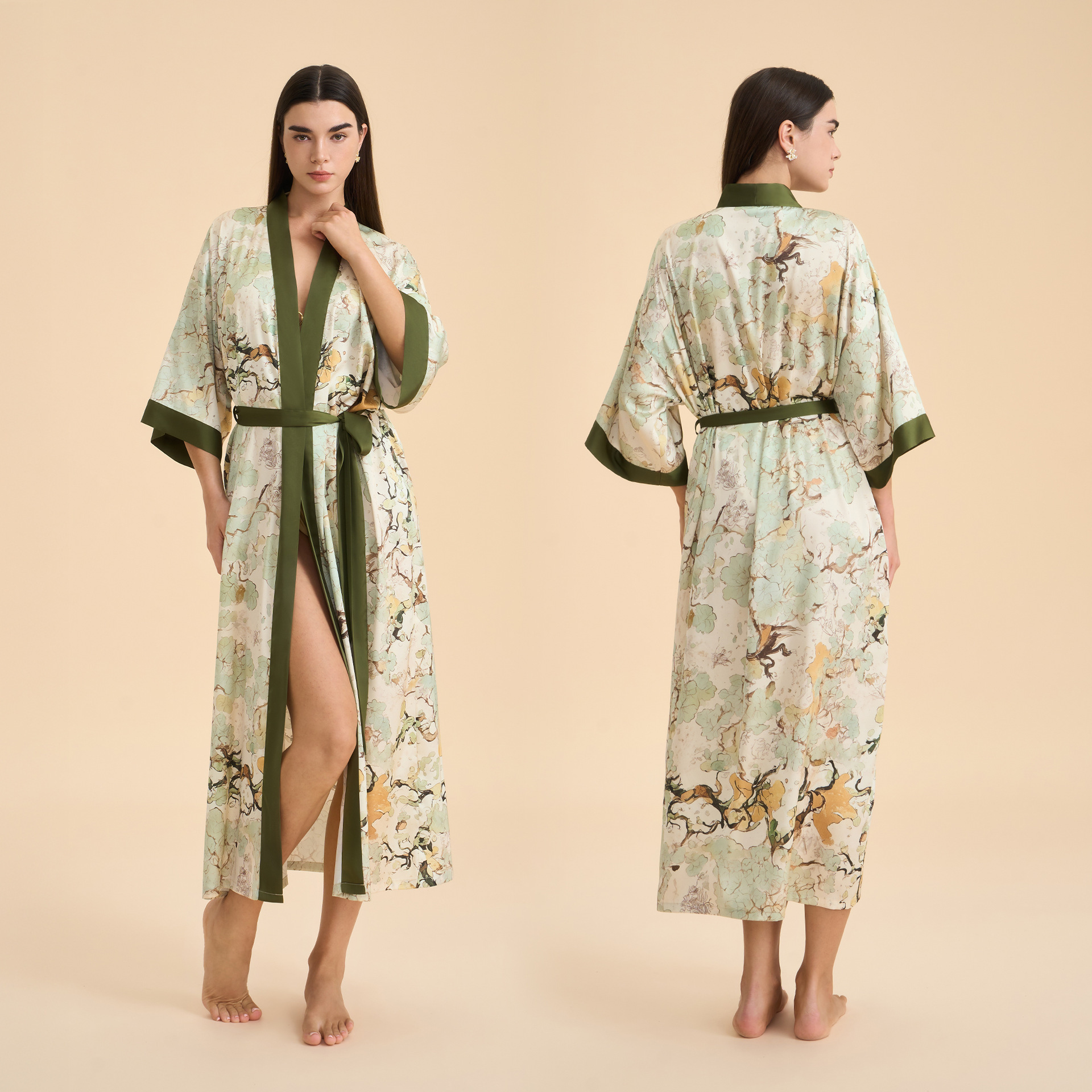 Europa y América pijamas damas primavera y otoño satén chiffon bata de baño impresión desordenada bata de dormir cómoda ropa larga para el hogar WP3976