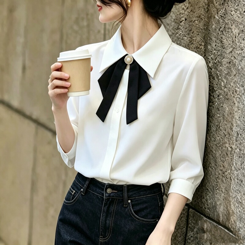 White women's shirt with bow tie, long-sleeved, professional workwear, elegant shirt