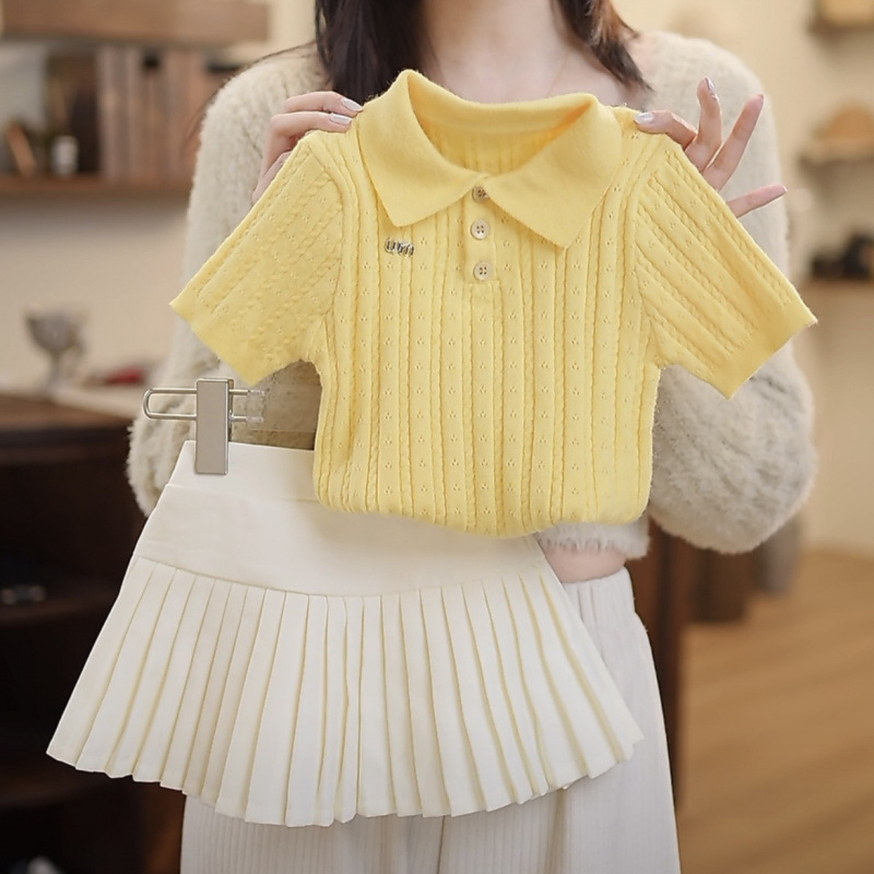 Children's Girls' Summer Suit 2025 New Princess Style Girls' Summer Knitted Short-Sleeved Pleated Skirt Two-Piece Skirt