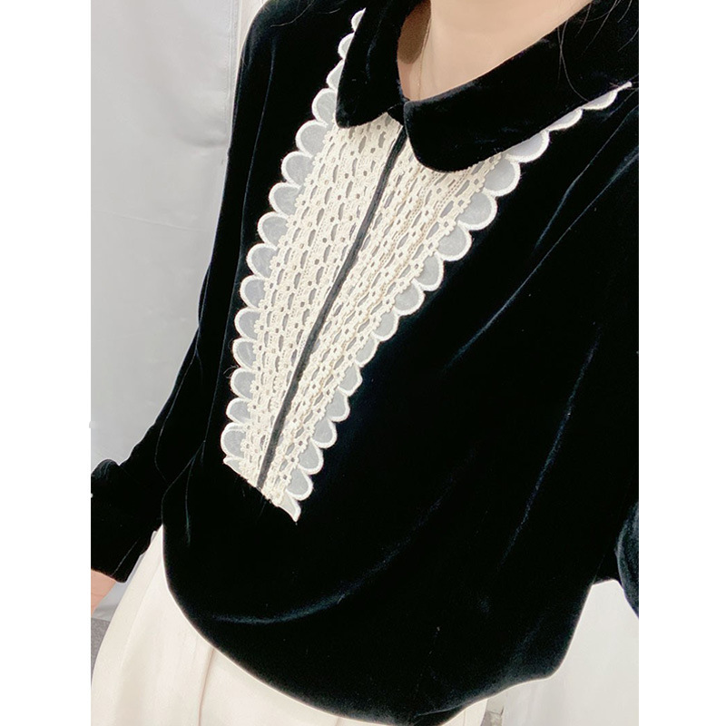 European Women's Fashion Site 25 New European Trendy High-End Stylish Doll Collar Faux Two-Piece Silk Velvet Blouse Shirt for Women