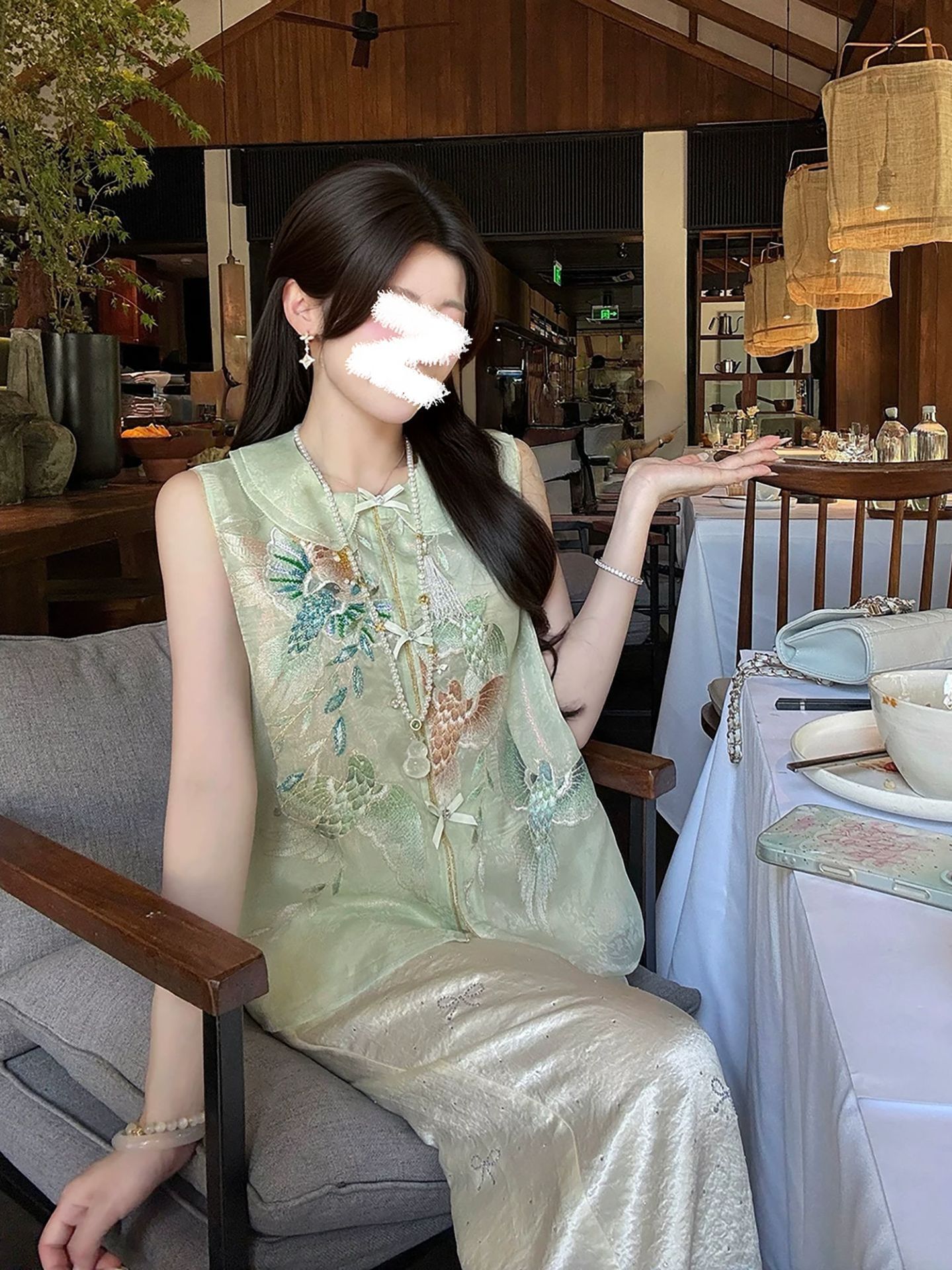 Bộ áo vest không tay + chân váy midi thêu ren họa tiết quốc phong mới — bộ đồ, nửa váy, Trang chủ chi tiết 2