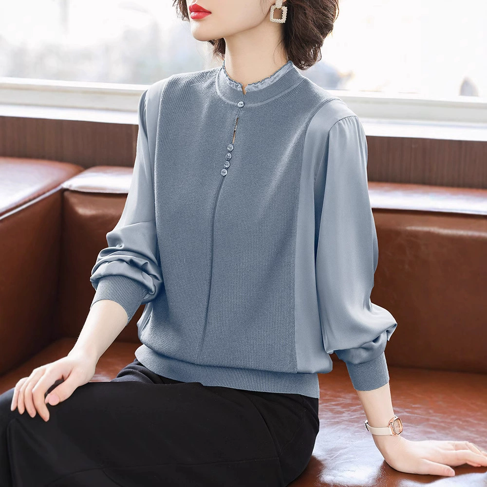 Молодая мама весенняя тонкая трикотажная рубашка модная иностранная 50-летняя женщина среднего возраста весна и осень с длинными рукавами рубашка