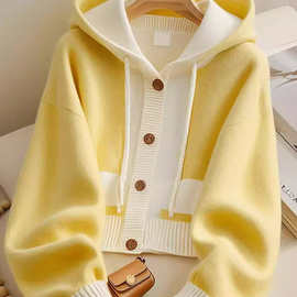 复古风黄色拼接连帽设计感毛衣外套针织开衫显瘦长袖宽松休闲上衣