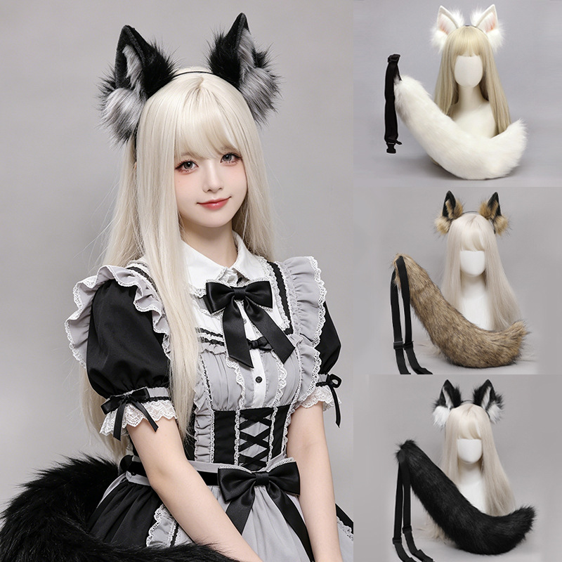 Accesorio de cosplay de cola de lobo, diadema con orejas de animal realistas, accesorio de disfraz de peluche adorable, diadema de lobo feroces para disfraz de lobo solitario.