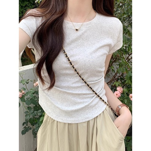 Eurasian solid color regular shoulder short-sleeve summer slimming design sense niche short-length waisted versatile belt-shrinking gray top