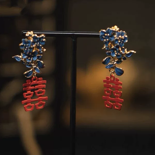 Ancient Style Chinese Ear Hooks, Freeze-Dried Jade Versatile Earrings, Green Double Happiness Character Ear Ornaments, Bridal Wedding Accessories, New Chinese Style