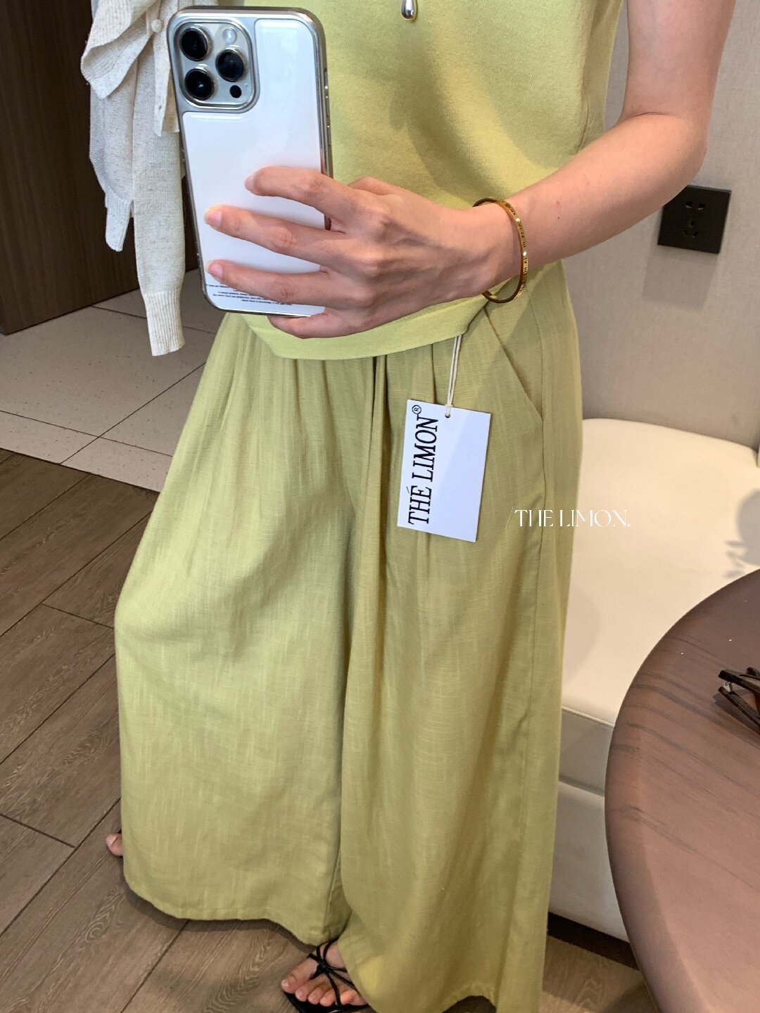 Quần ống rộng nữ vải linen phối cotton dáng suông mùa hè — Xám gạo, Xanh xám nhạt, Xanh đen, Cam bí ngô chi tiết 51