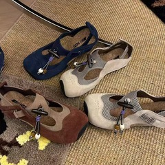 Languan 婦人靴エスニックスタイルウッドトーン道徳トレーニングサンダル 3 センチメートルニッチメリージェーンスクエアトゥスリッポンスポーツシューズ