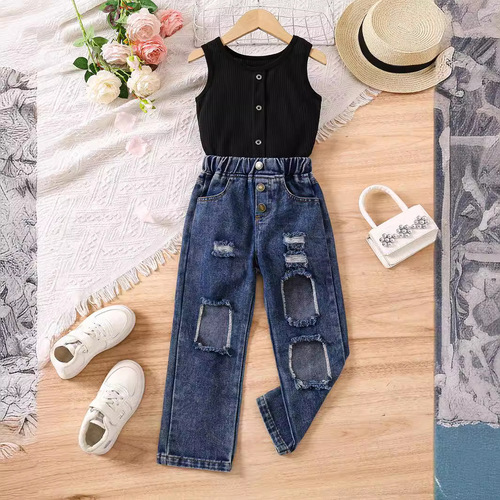 European and American cross-border children's clothing: girls' summer striped solid color sleeveless off-shoulder pullover with ripped denim long pants two-piece set