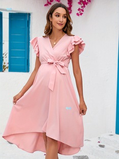 Women'S Maternity V Neck Wrap Dress Casual Hi Low Midi Tie