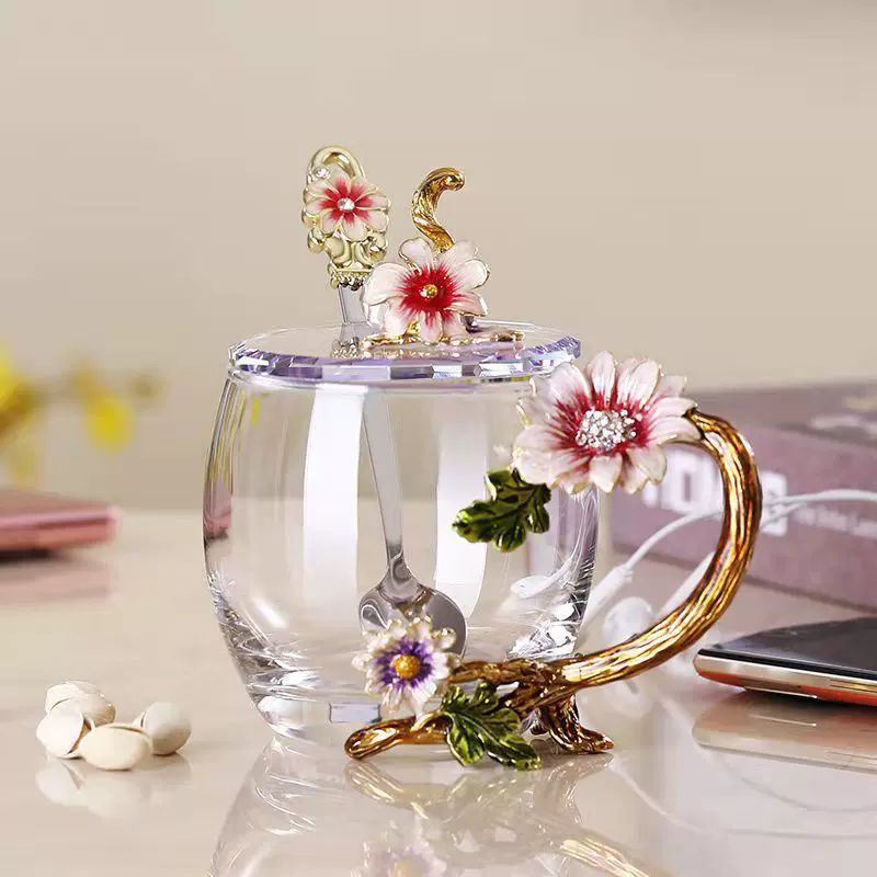 珐琅彩水杯创意茶杯带盖耐高温玻璃杯花茶杯女送老师礼品杯子批发