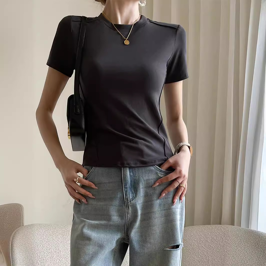 Q popular 280G modal hombro derecho espina de pescado cuello redondo Camiseta ajustada de manga corta para mujer verano 2024 top suelto