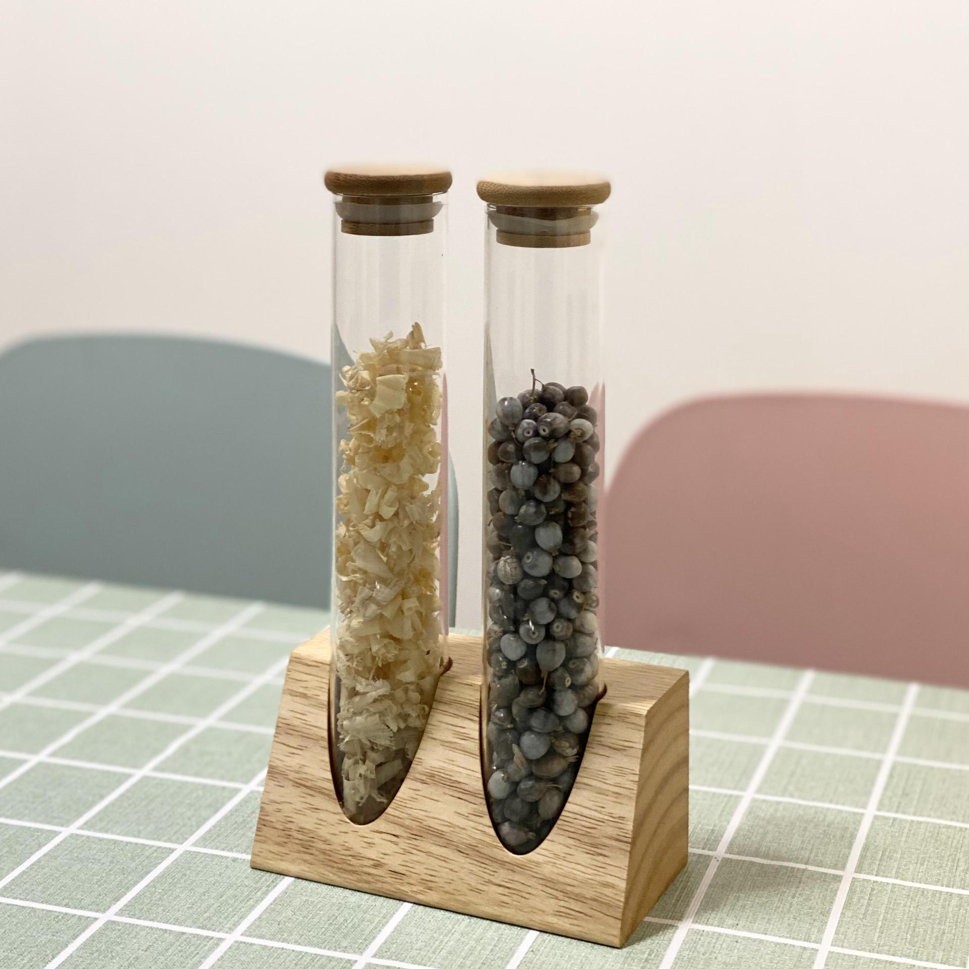 Tubo de ensayo de vidrio de borosilicato estante de exhibición de madera maciza muestra té granos de café cocina clasificación de almacenamiento tanque de almacenamiento