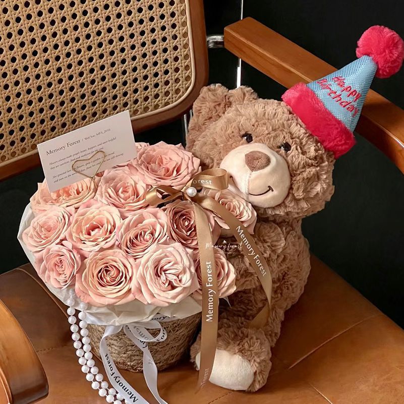 Oso de peluche con flores eternas para regalo de Año Nuevo, oso de peluche con ramo de flores para regalo de cumpleaños para amigas